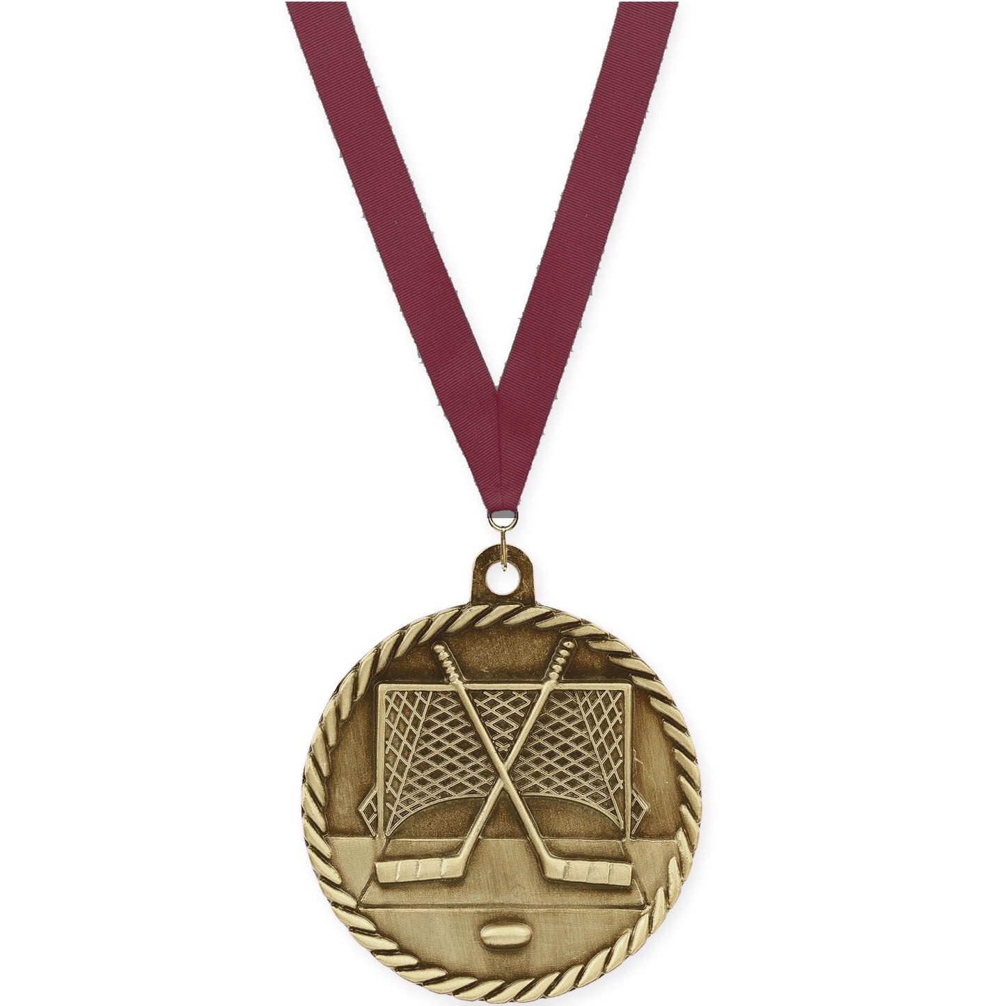 2 inch hockey High Relief medal in antique gold with Maroon neck ribbon