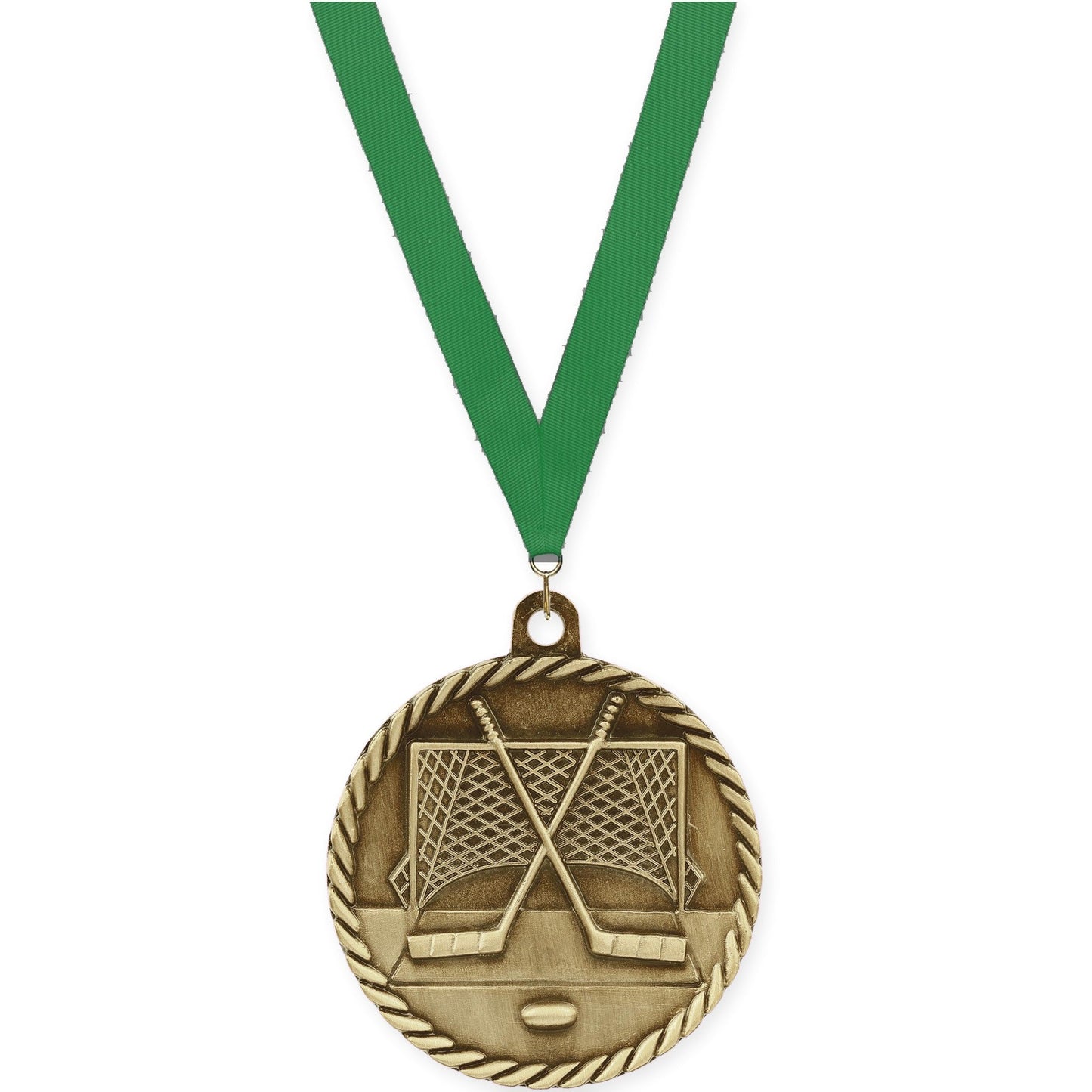 2 inch hockey High Relief medal in antique gold with Green neck ribbon
