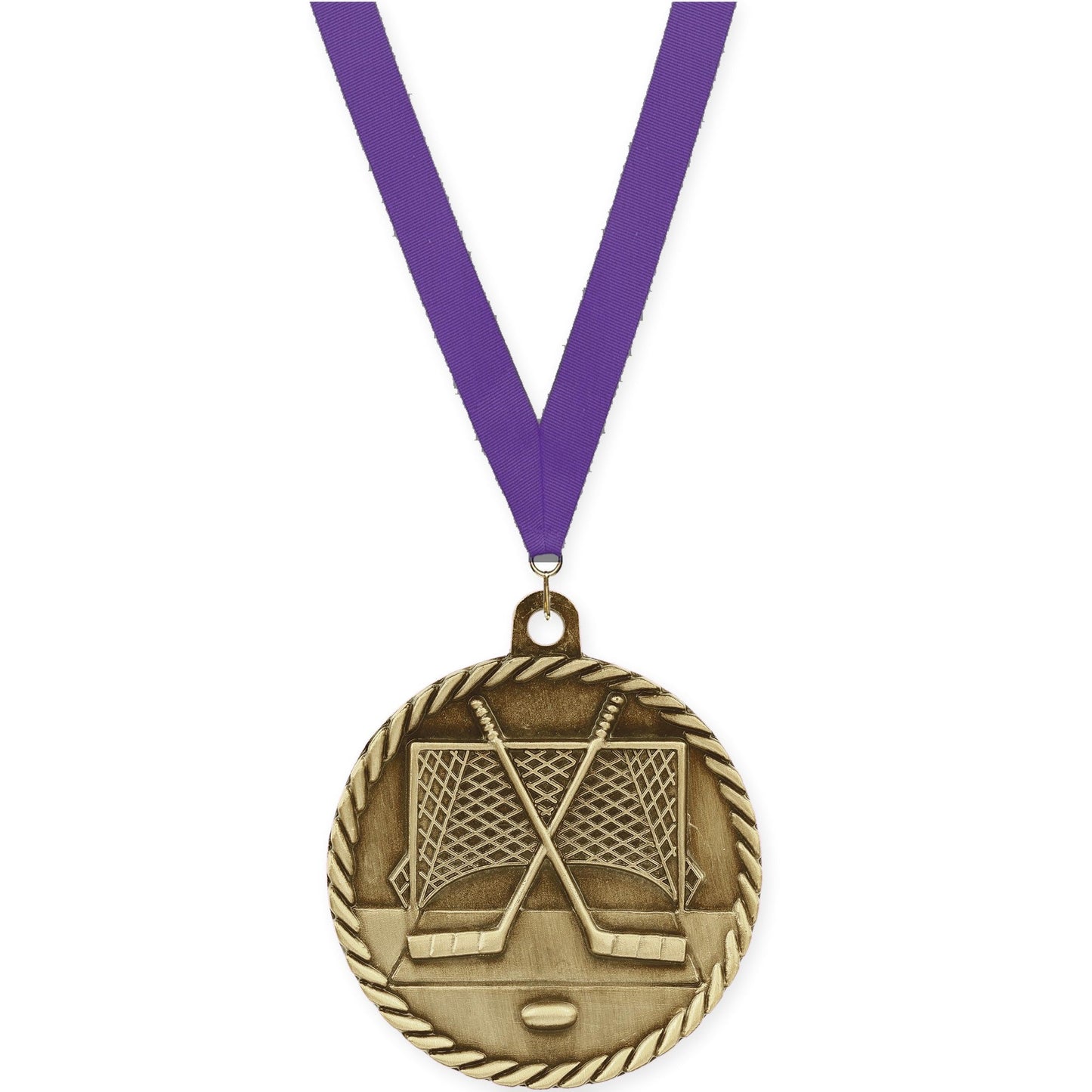 2 inch hockey High Relief medal in antique gold with Purple neck ribbon