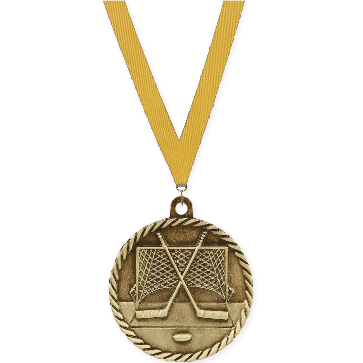 2 inch hockey High Relief medal in antique gold with Gold neck ribbon