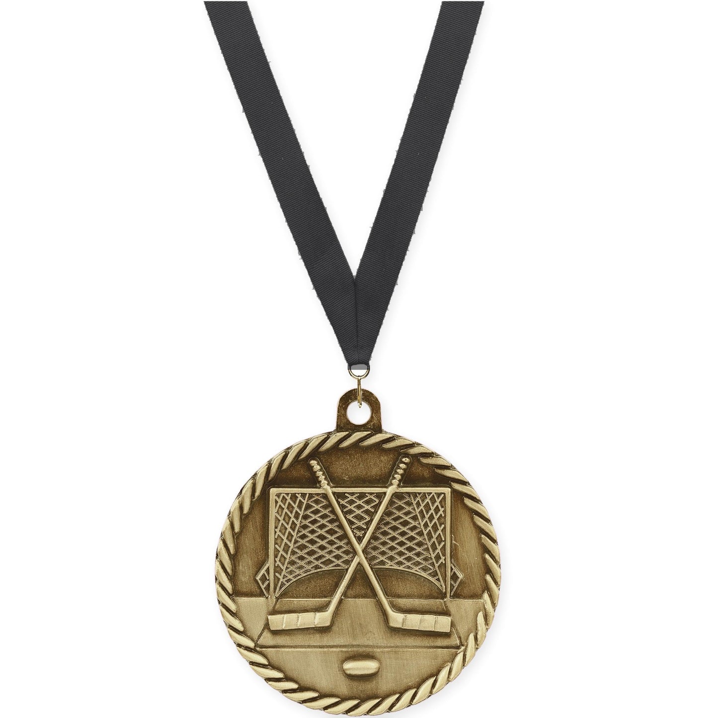2 inch hockey High Relief medal in antique gold with Black neck ribbon