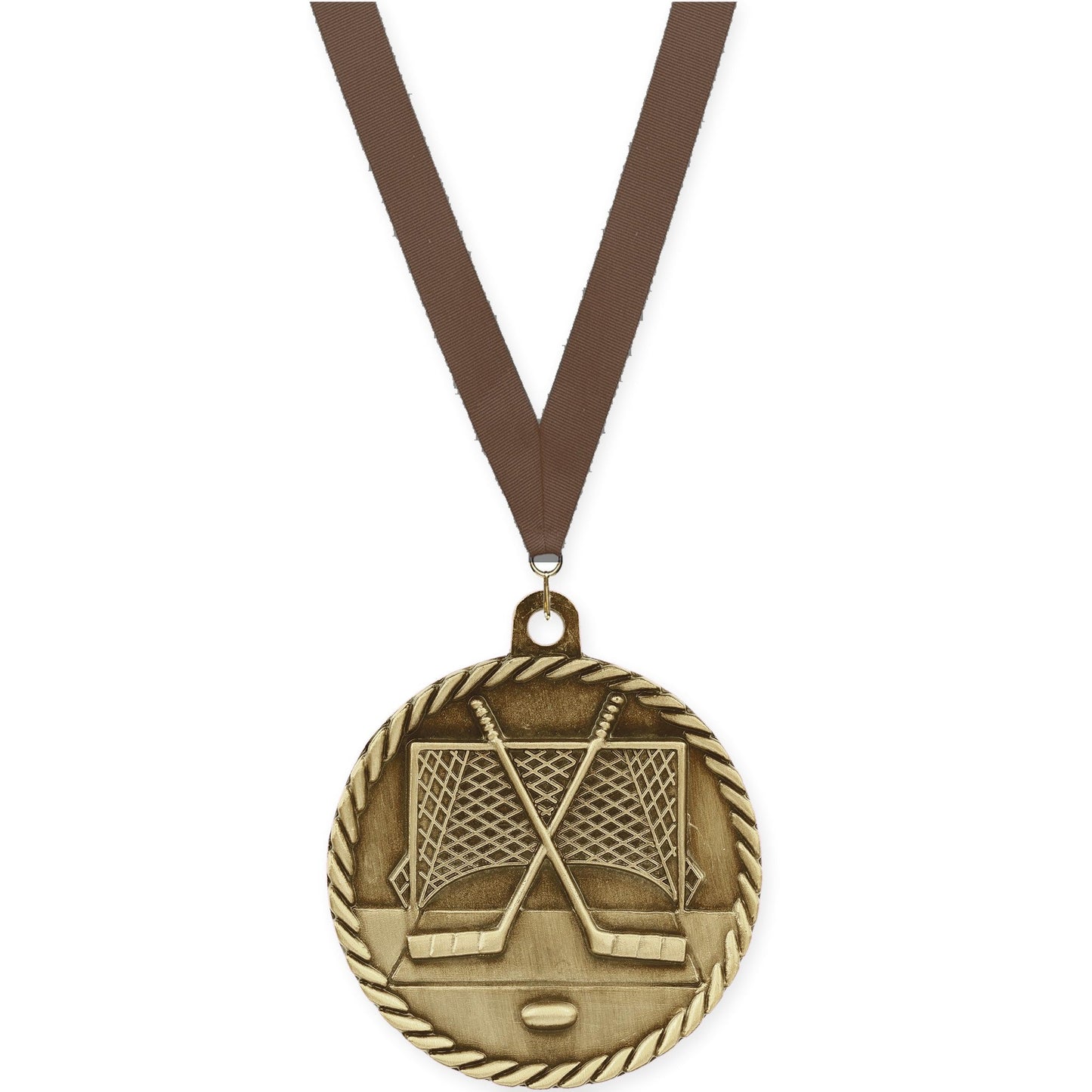 2 inch hockey High Relief medal in antique gold with Brown neck ribbon
