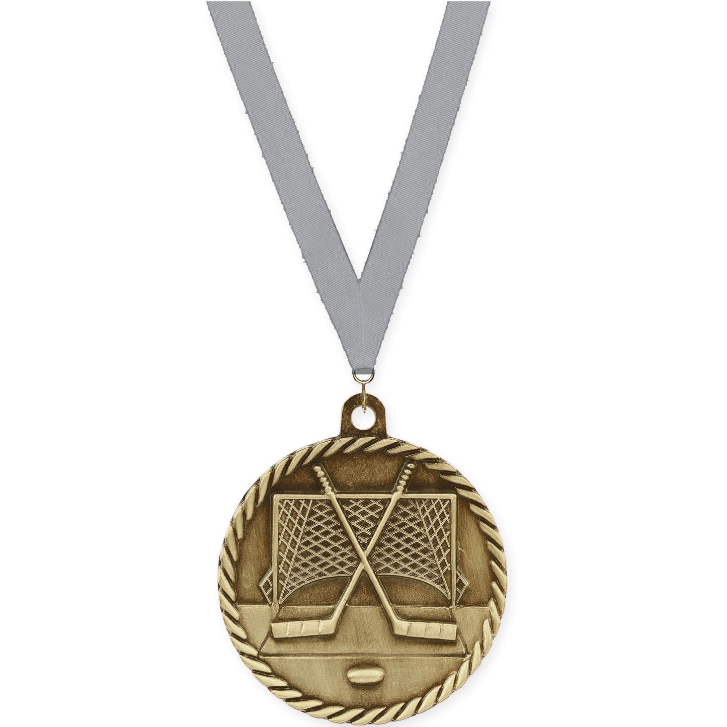 2 inch hockey High Relief medal in antique gold with Gray neck ribbon