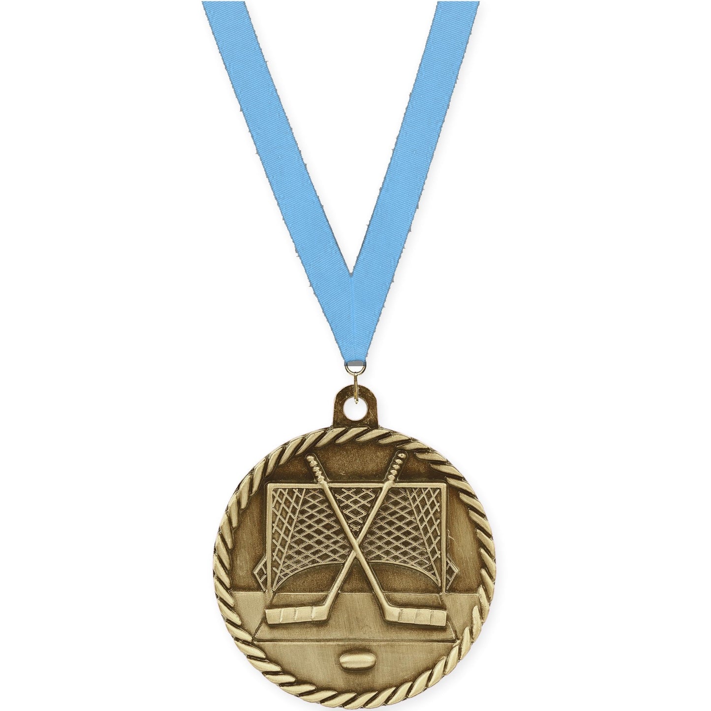 2 inch hockey High Relief medal in antique gold with Light Blue neck ribbon