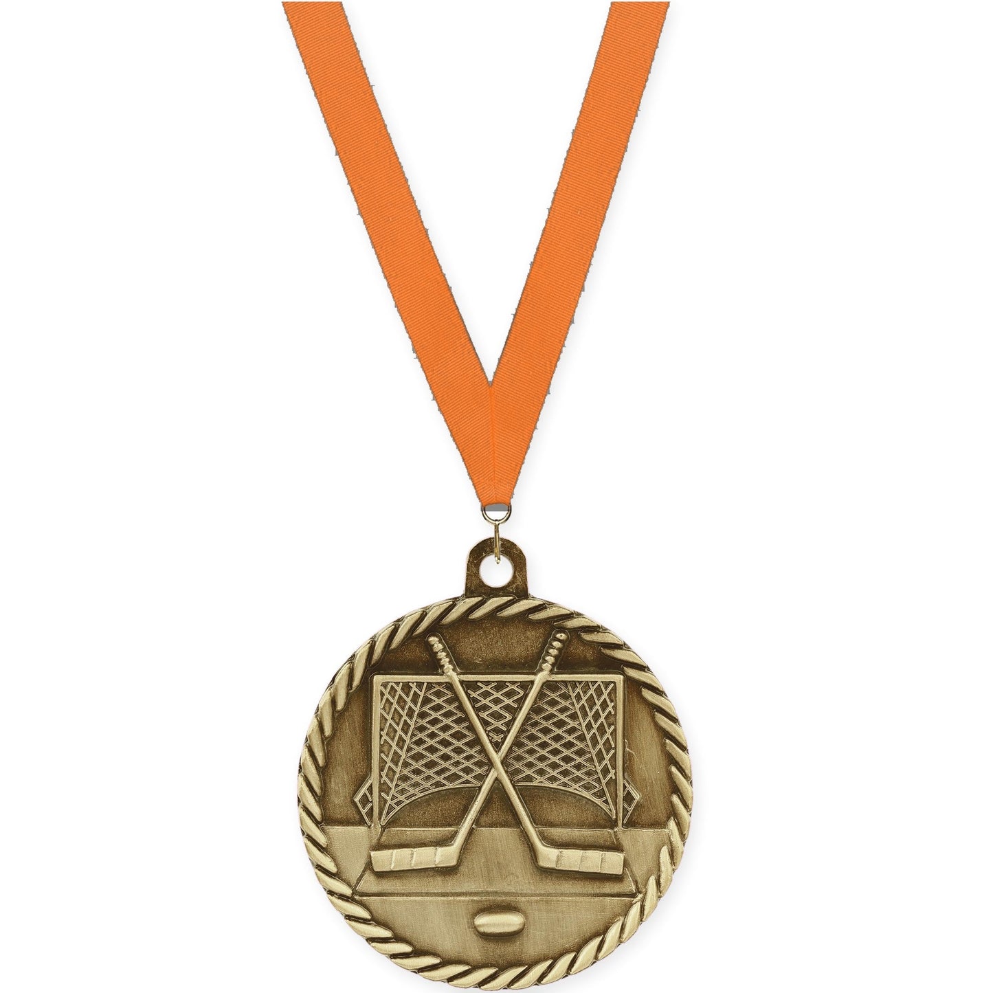 2 inch hockey High Relief medal in antique gold with Orange neck ribbon