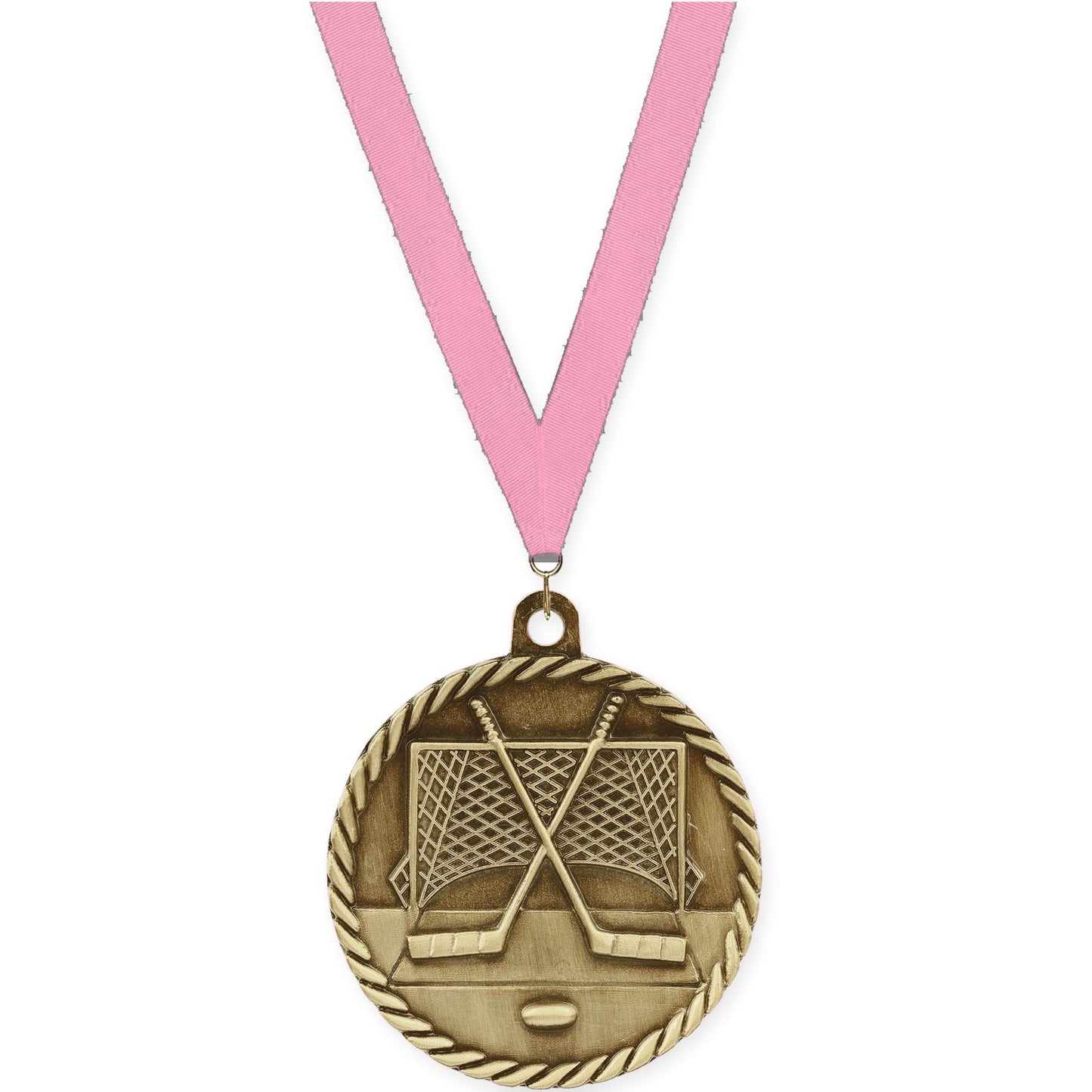 2 inch hockey High Relief medal in antique gold with Pink neck ribbon