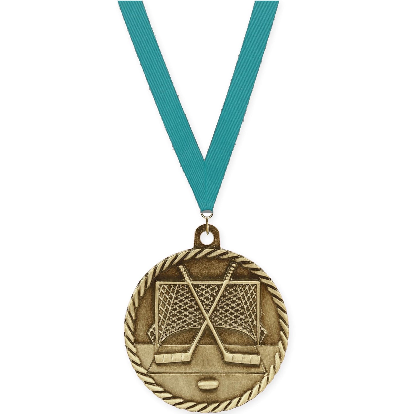 2 inch hockey High Relief medal in antique gold with Teal neck ribbon