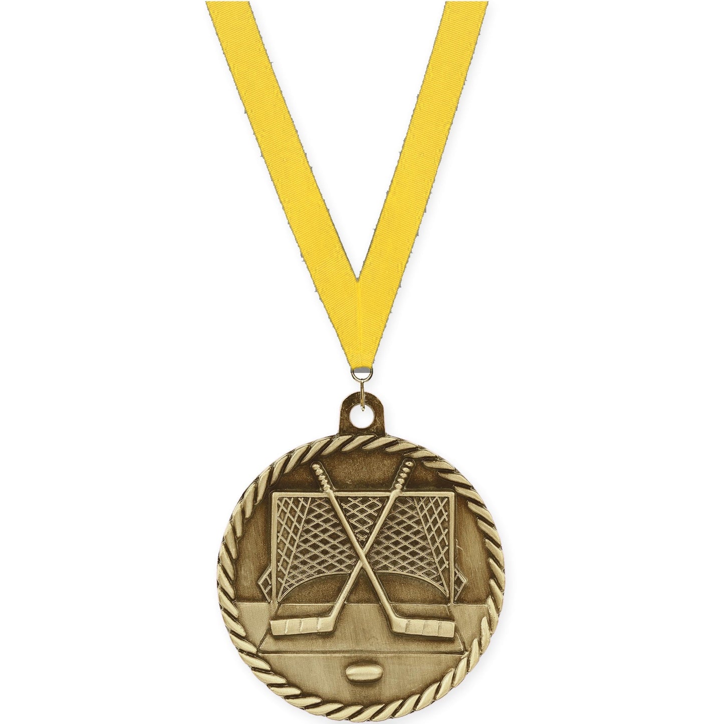 2 inch hockey High Relief medal in antique gold with Yellow neck ribbon