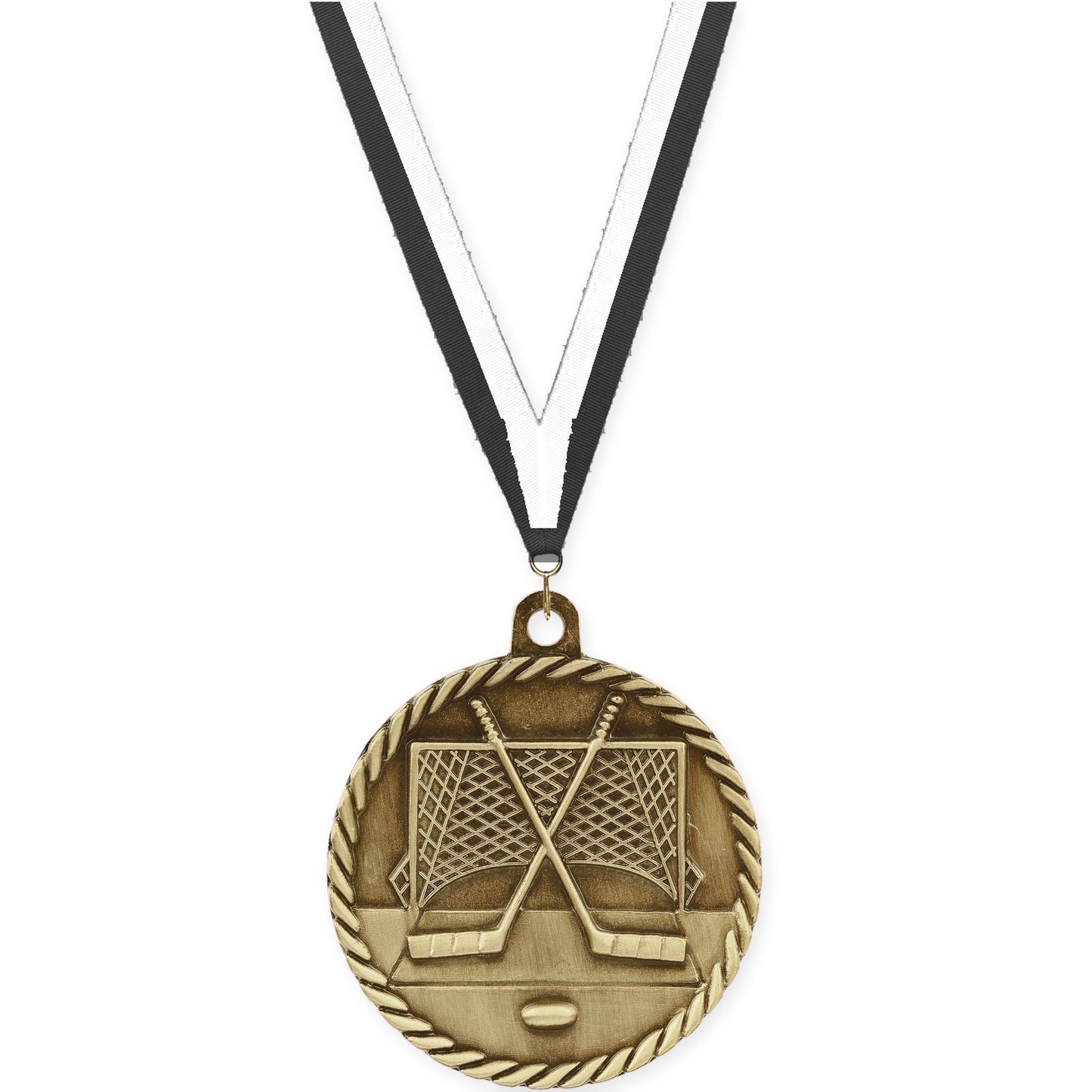 2 inch hockey High Relief medal in antique gold with Black White neck ribbon