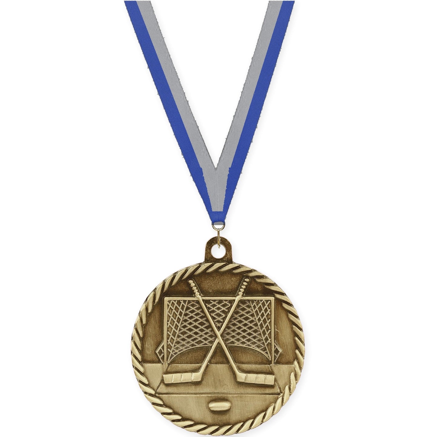 2 inch hockey High Relief medal in antique gold with Blue Gray neck ribbon