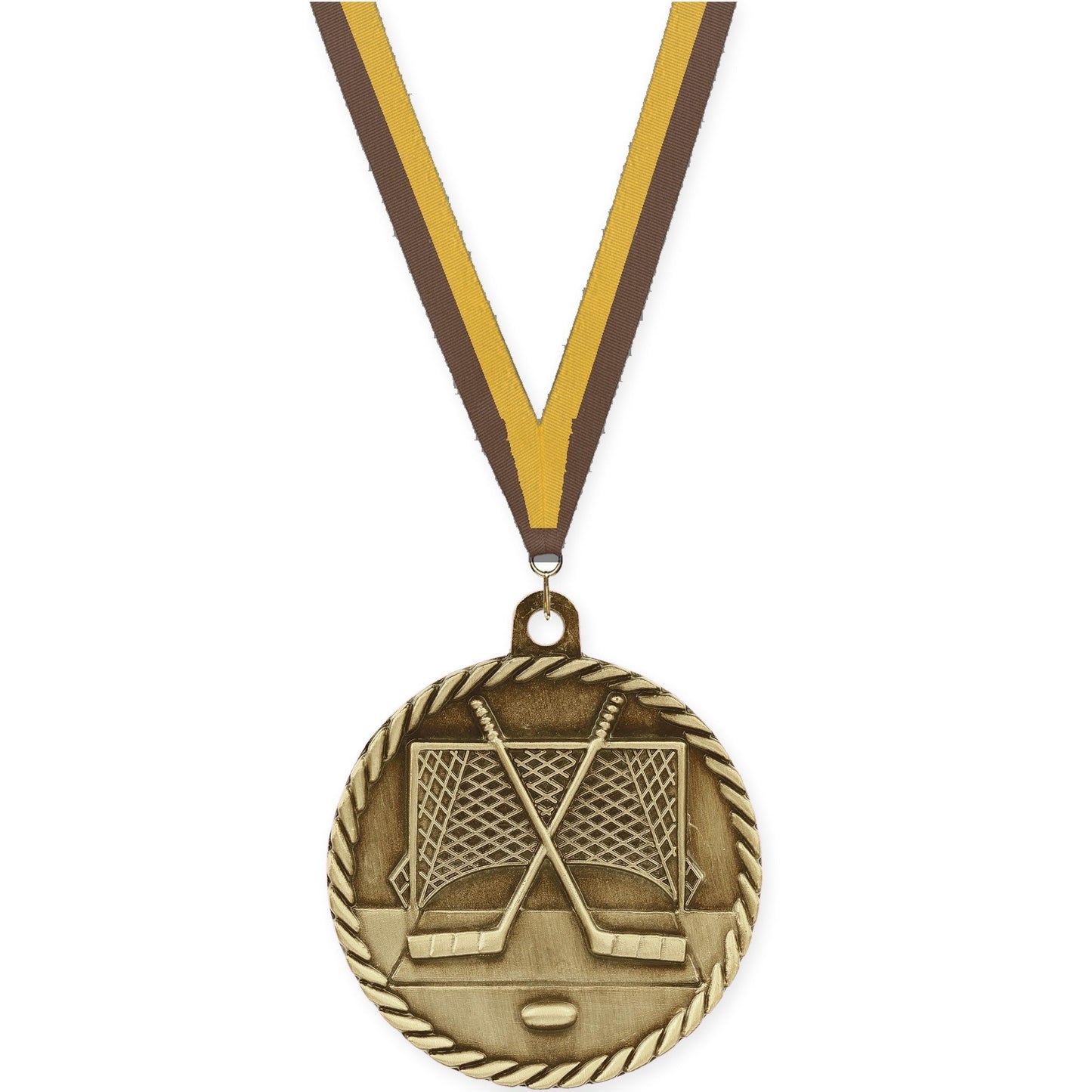 2 inch hockey High Relief medal in antique gold with Brown Gold neck ribbon