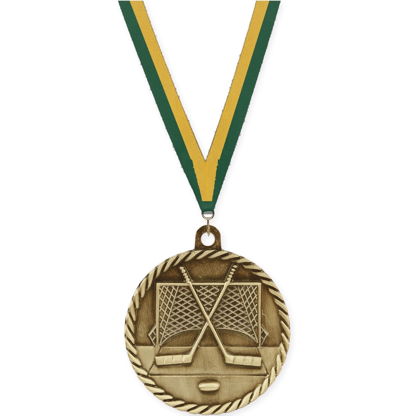 2 inch hockey High Relief medal in antique gold with Hunter Green Gold neck ribbon