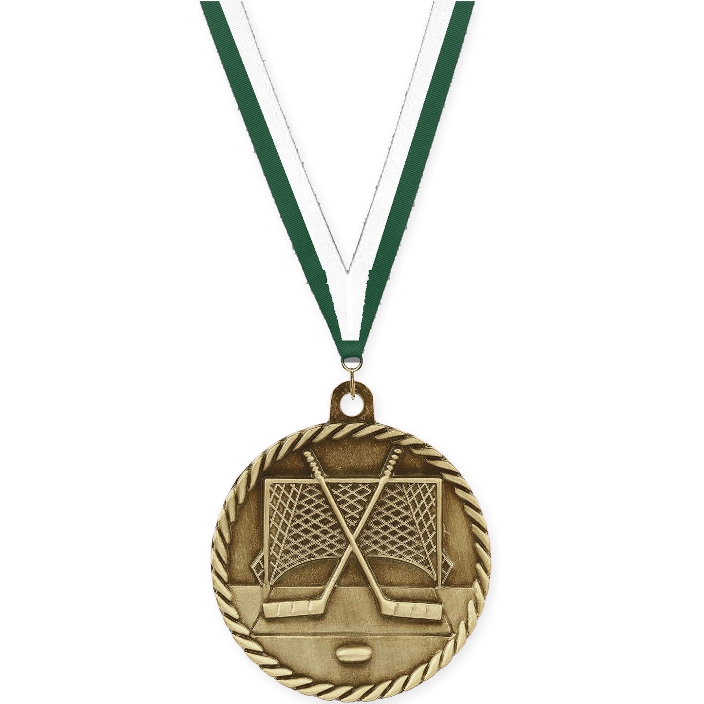 2 inch hockey High Relief medal in antique gold with Hunter Green White neck ribbon