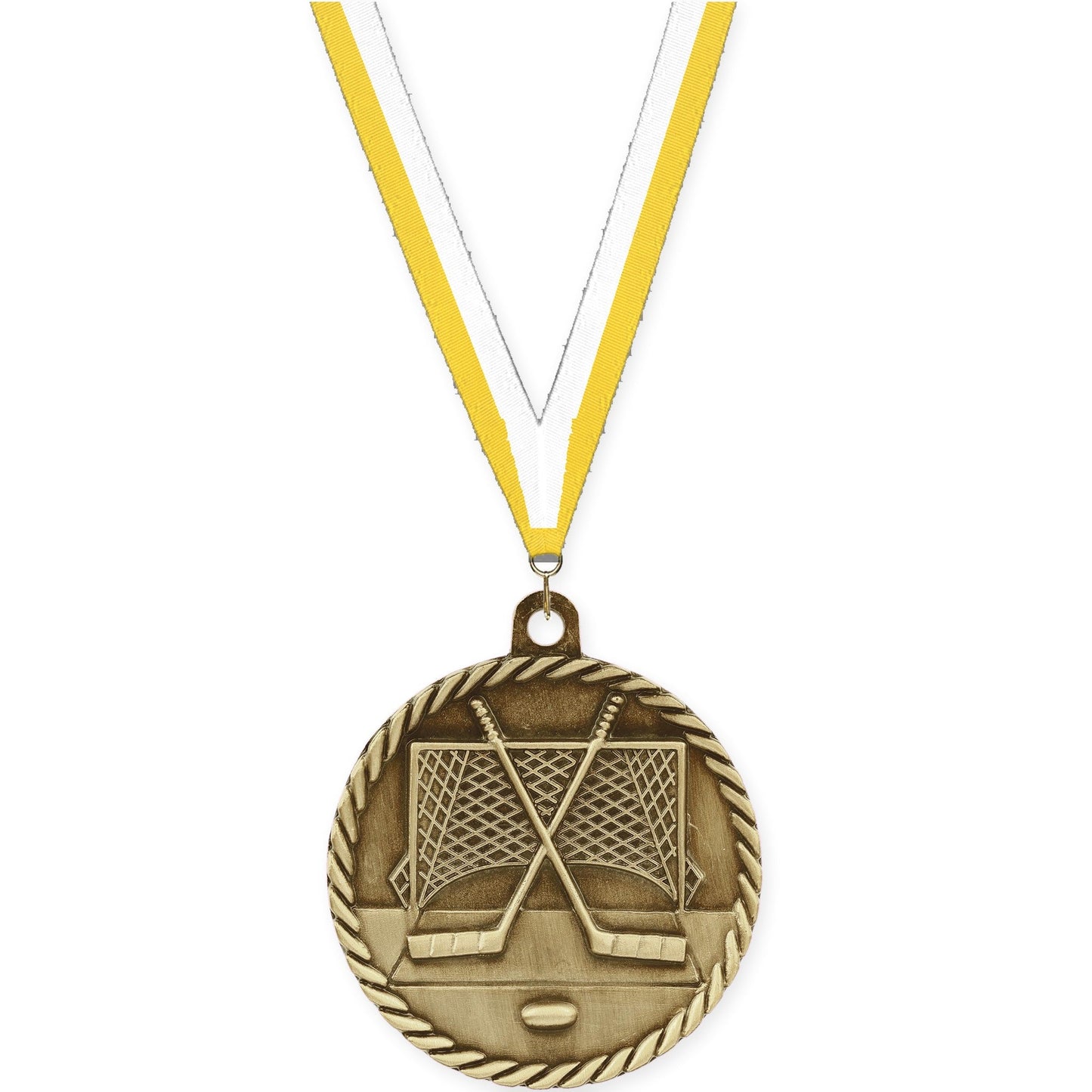 2 inch hockey High Relief medal in antique gold with Yellow White neck ribbon