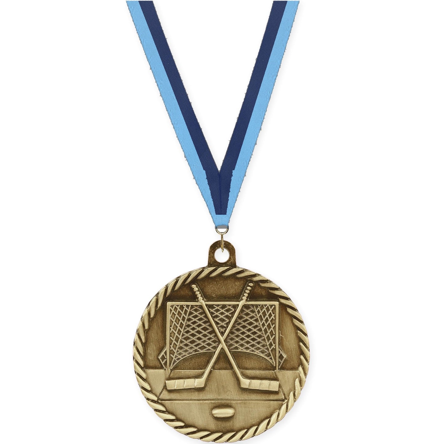 2 inch hockey High Relief medal in antique gold with Light Blue Navy neck ribbon