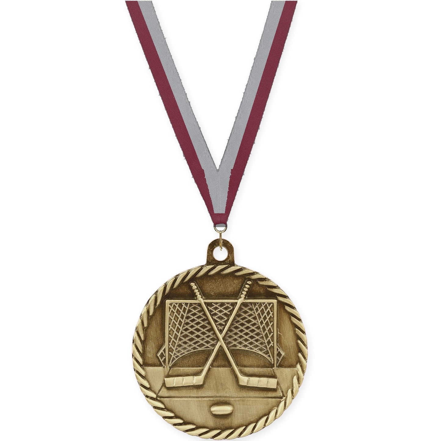 2 inch hockey High Relief medal in antique gold with Maroon Gray neck ribbon