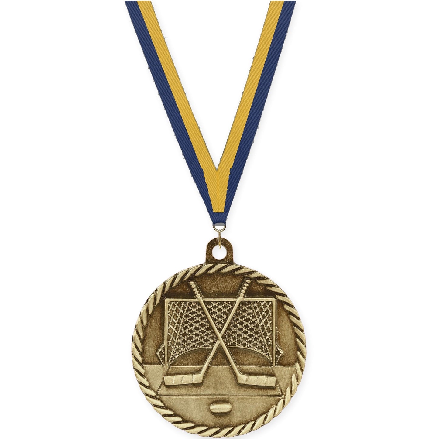 2 inch hockey High Relief medal in antique gold with Navy Gold neck ribbon