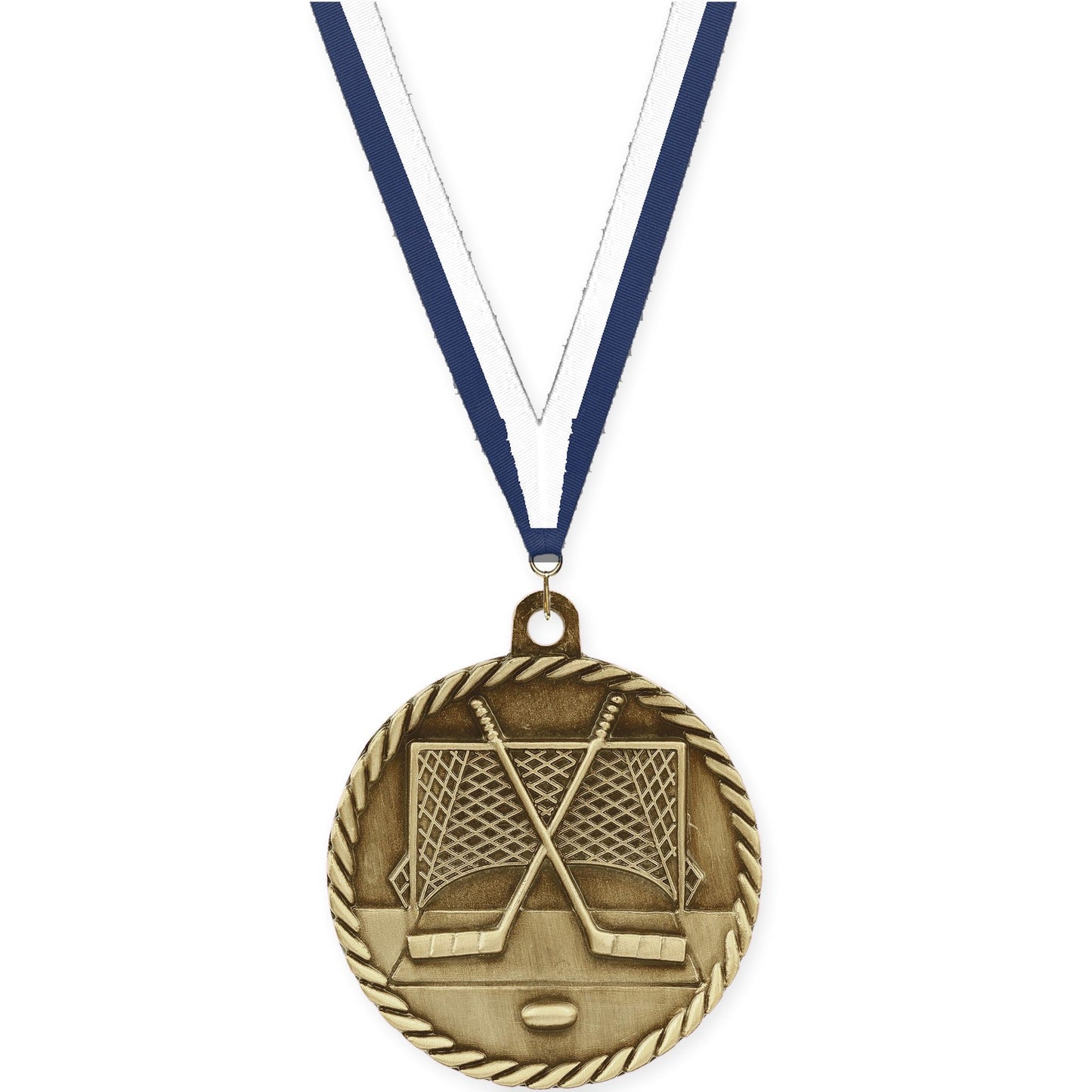 2 inch hockey High Relief medal in antique gold with Navy White neck ribbon