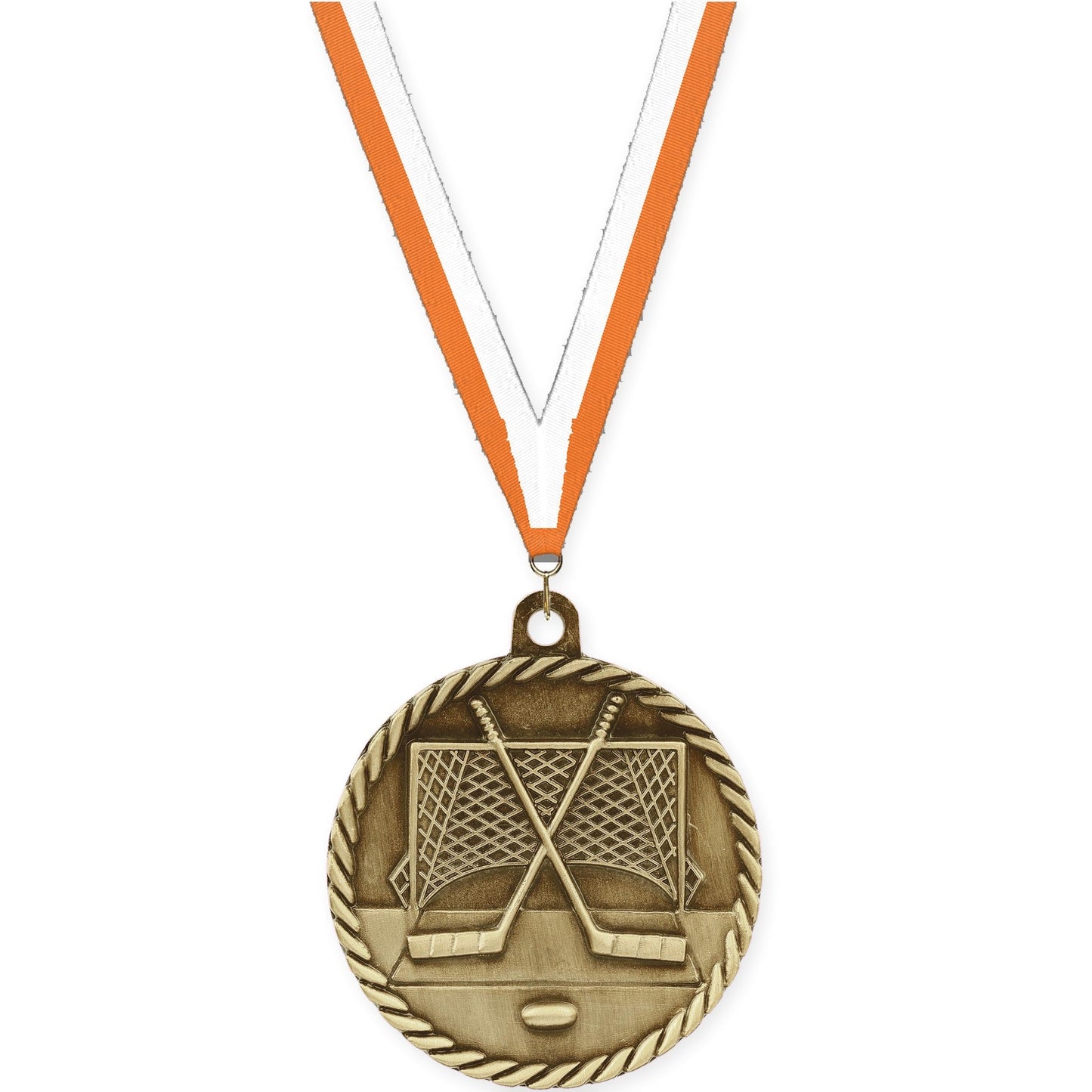 2 inch hockey High Relief medal in antique gold with Orange White neck ribbon