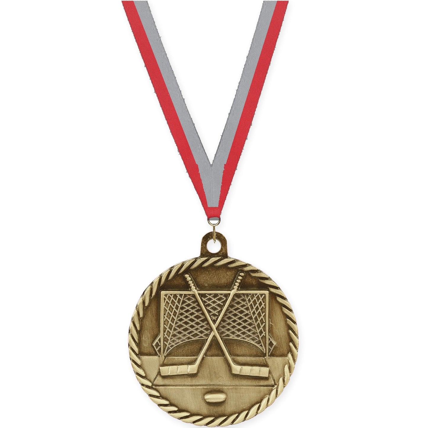 2 inch hockey High Relief medal in antique gold with Red Gray neck ribbon