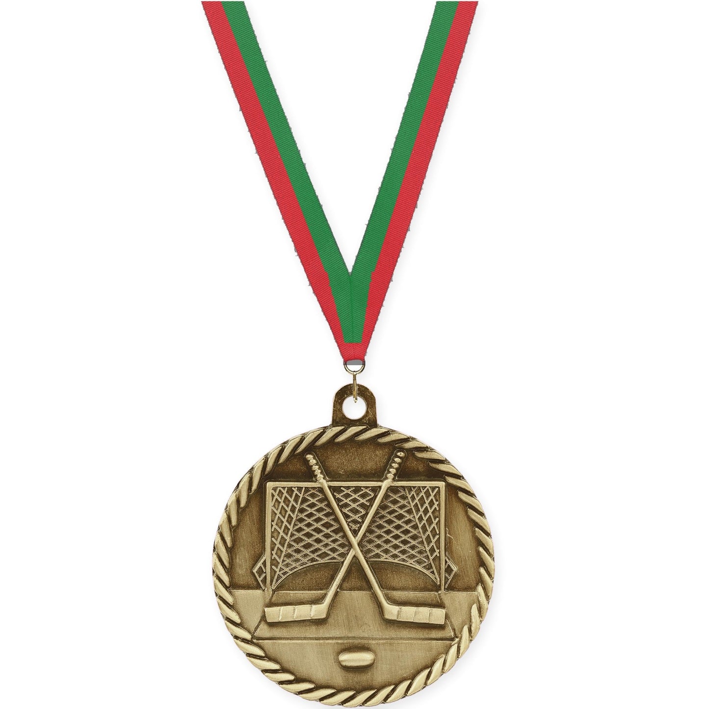 2 inch hockey High Relief medal in antique gold with Red Green neck ribbon