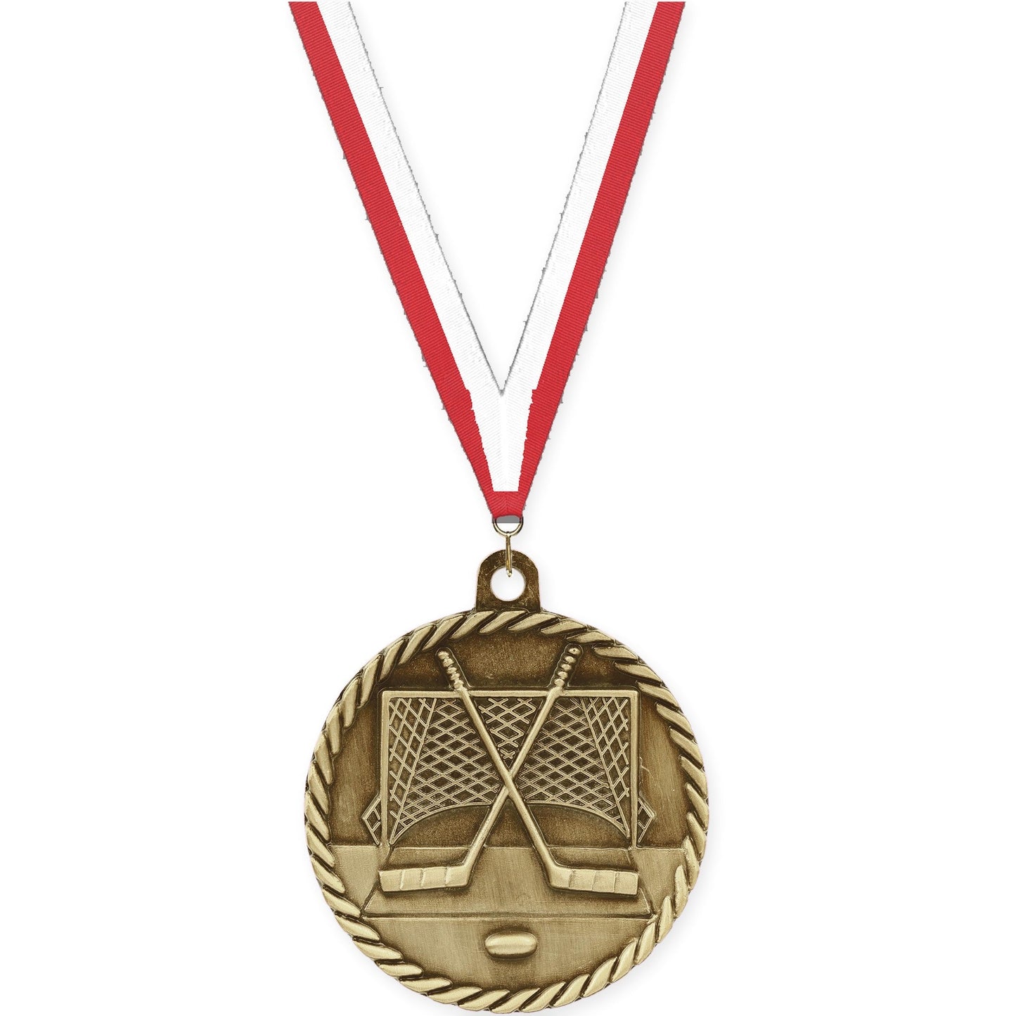 2 inch hockey High Relief medal in antique gold with Red White neck ribbon