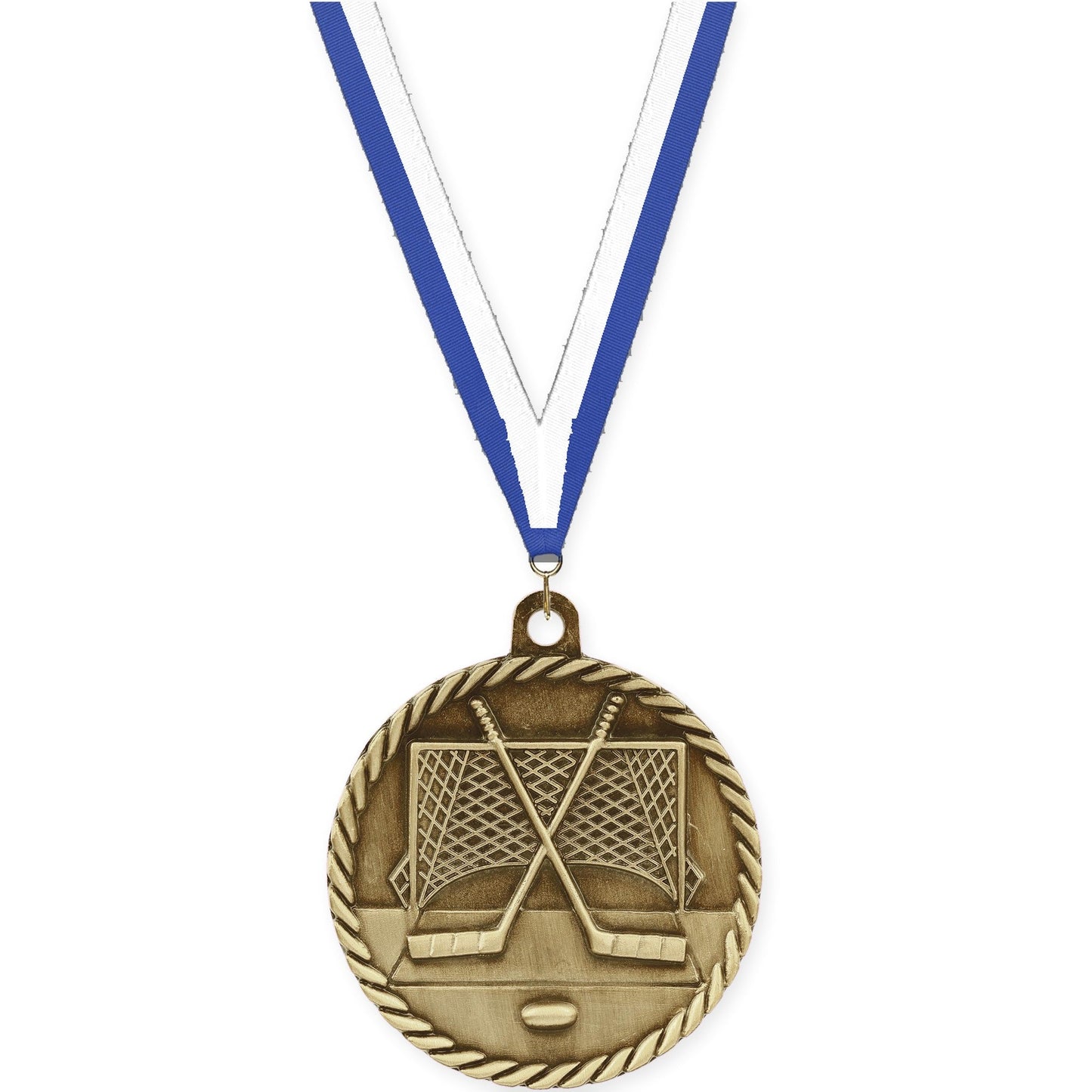 2 inch hockey High Relief medal in antique gold with Blue White neck ribbon