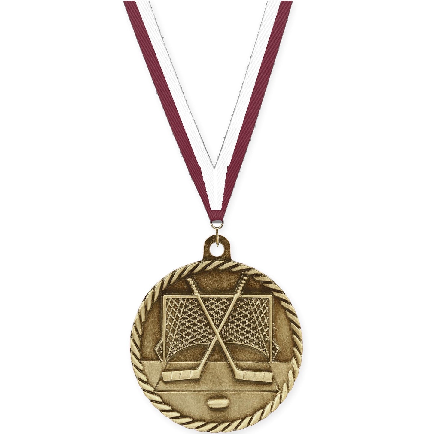 2 inch hockey High Relief medal in antique gold with Maroon White neck ribbon