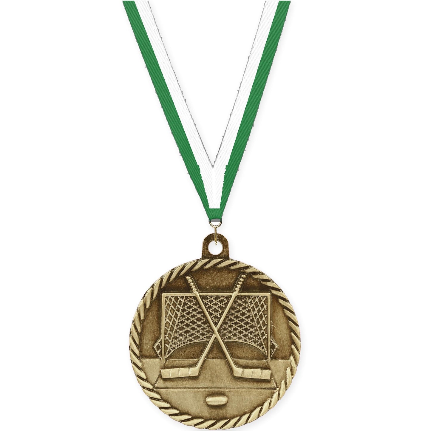 2 inch hockey High Relief medal in antique gold with Green White neck ribbon
