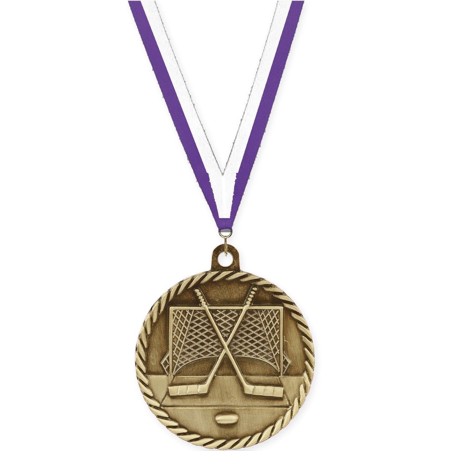2 inch hockey High Relief medal in antique gold with Purple White neck ribbon