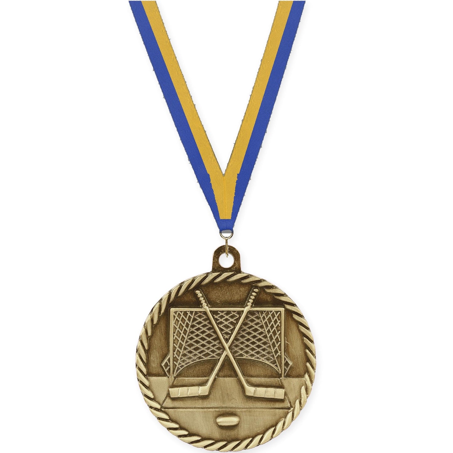 2 inch hockey High Relief medal in antique gold with Blue Gold neck ribbon