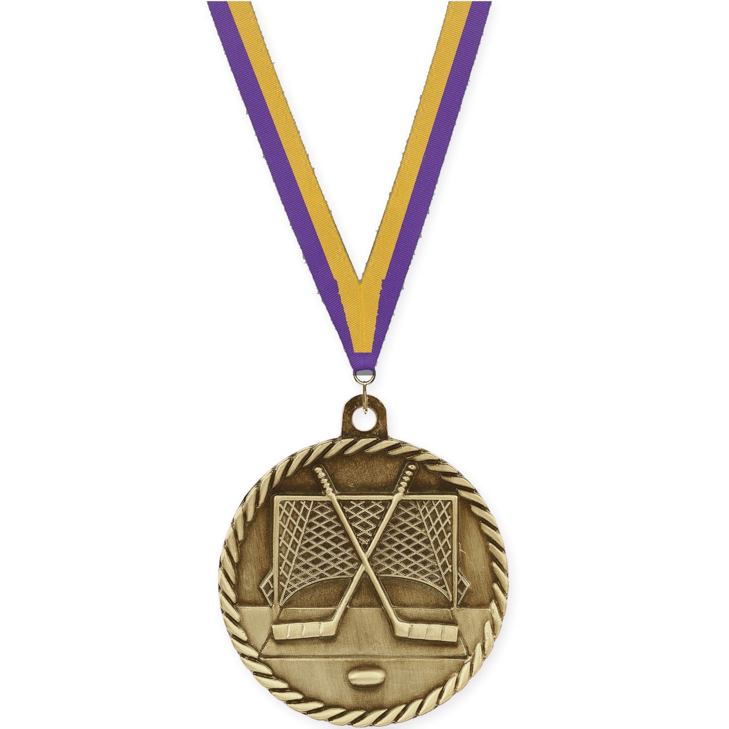 2 inch hockey High Relief medal in antique gold with Purple Gold neck ribbon