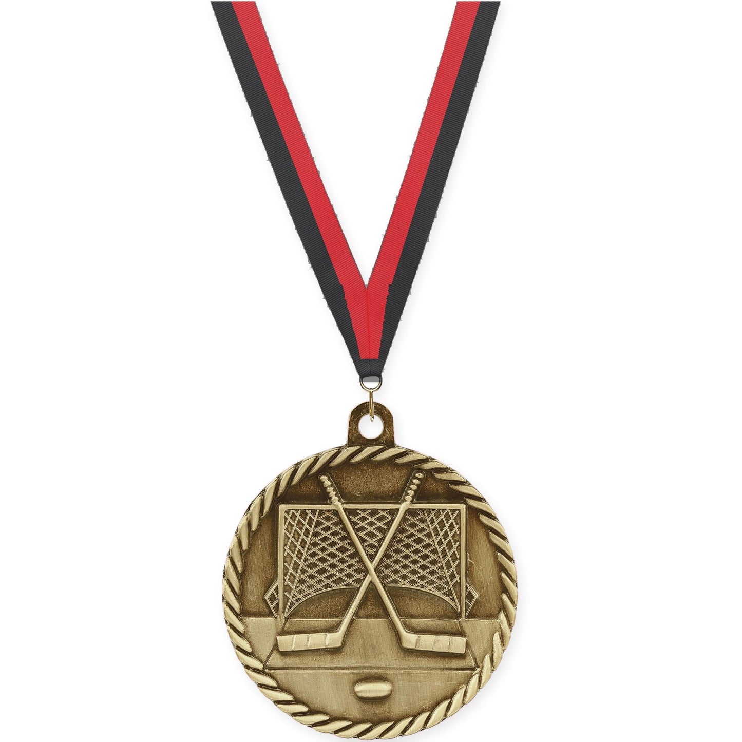 2 inch hockey High Relief medal in antique gold with Black Red neck ribbon