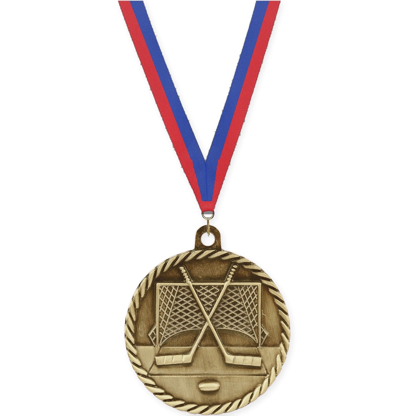 2 inch hockey High Relief medal in antique gold with Blue Red neck ribbon