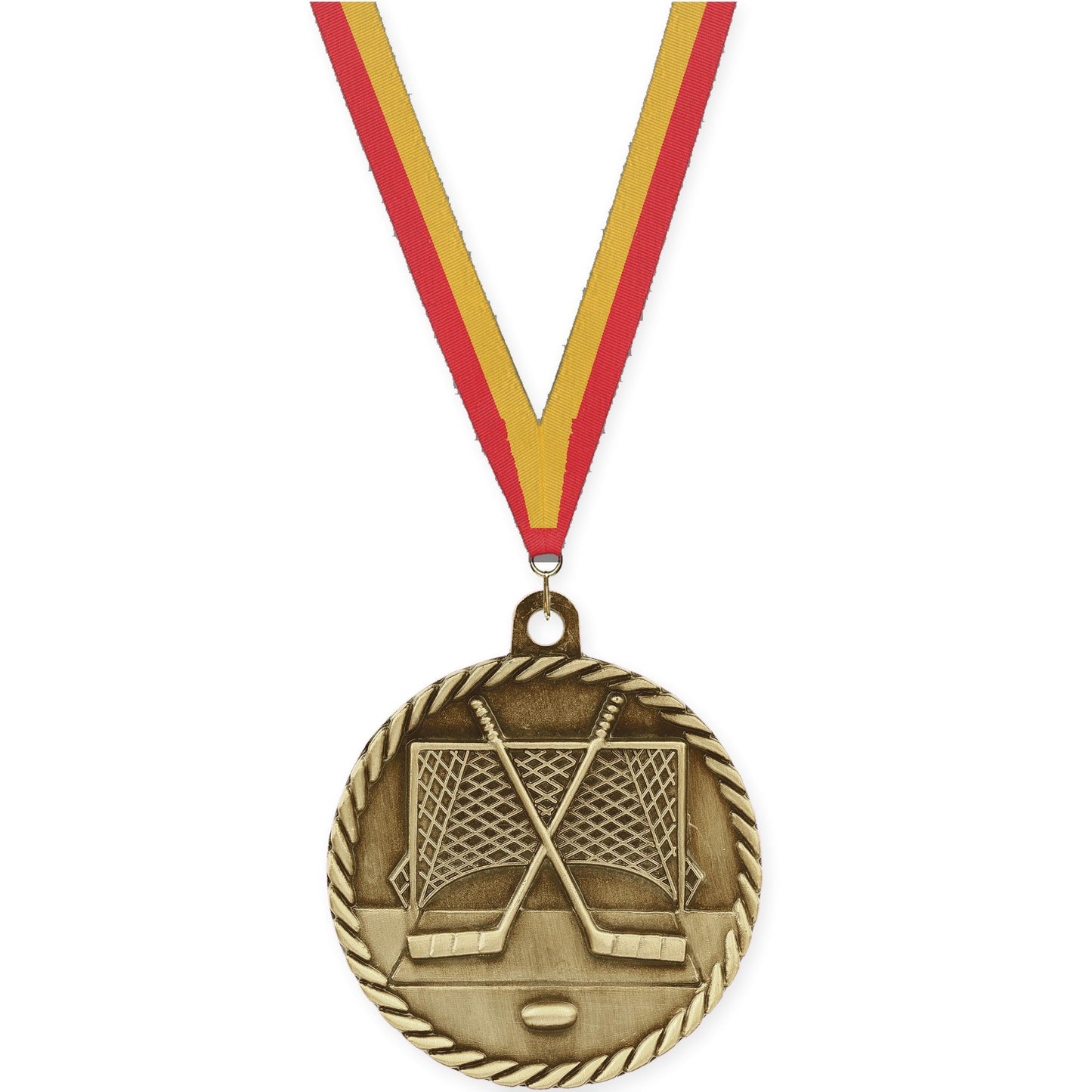 2 inch hockey High Relief medal in antique gold with Red Gold neck ribbon