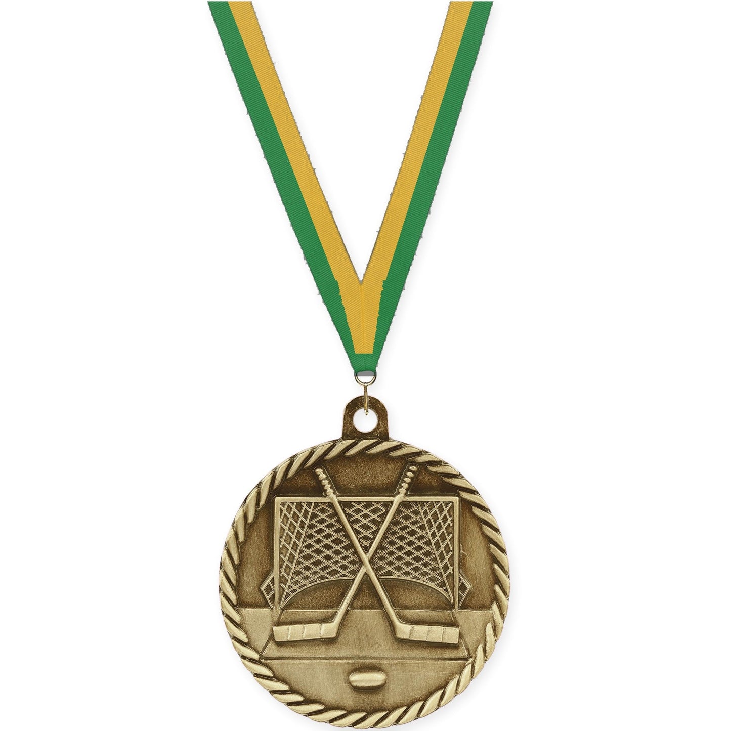 2 inch hockey High Relief medal in antique gold with Green Gold neck ribbon