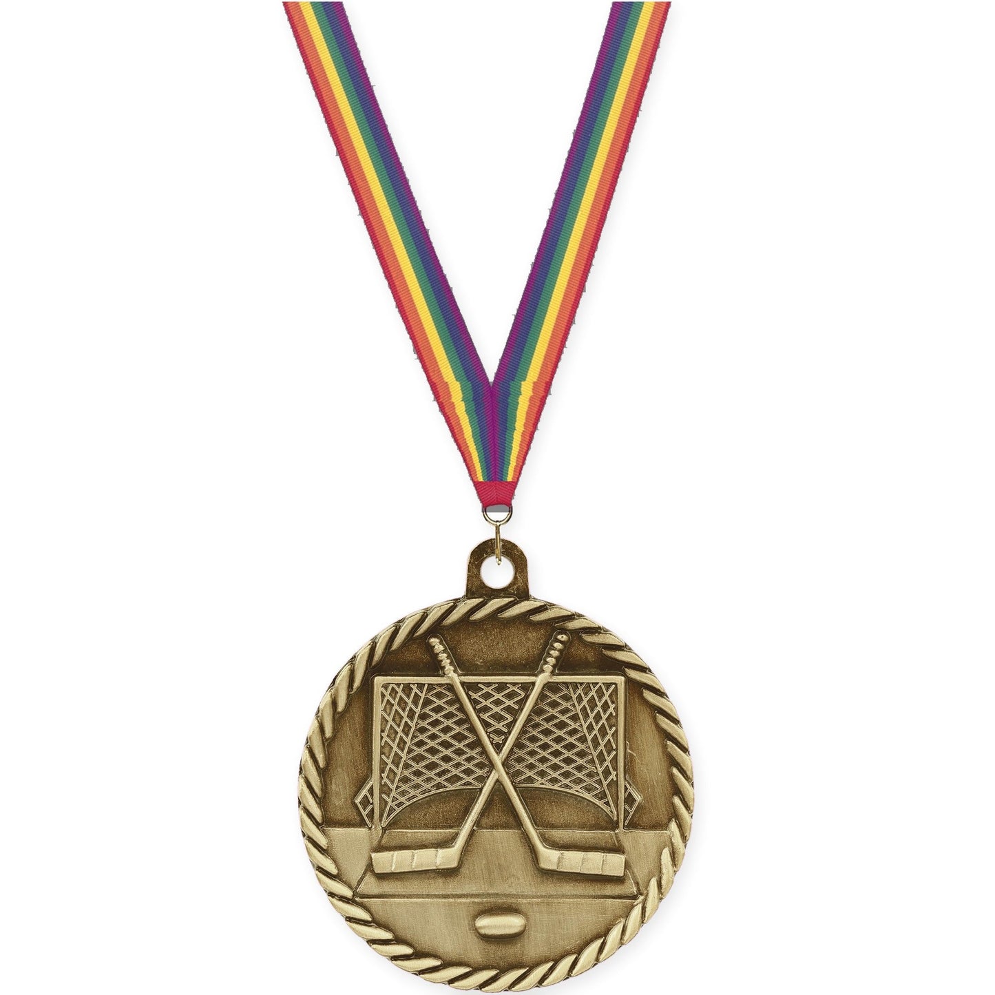 2 inch hockey High Relief medal in antique gold with Rainbow neck ribbon