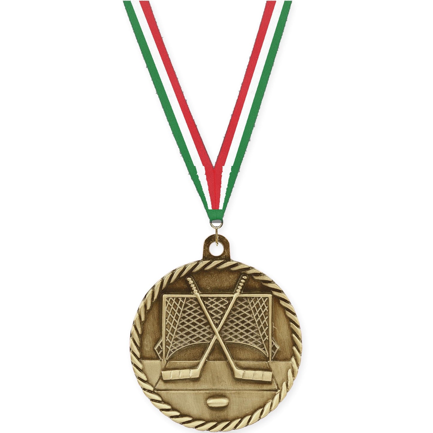 2 inch hockey High Relief medal in antique gold with Green White Red neck ribbon
