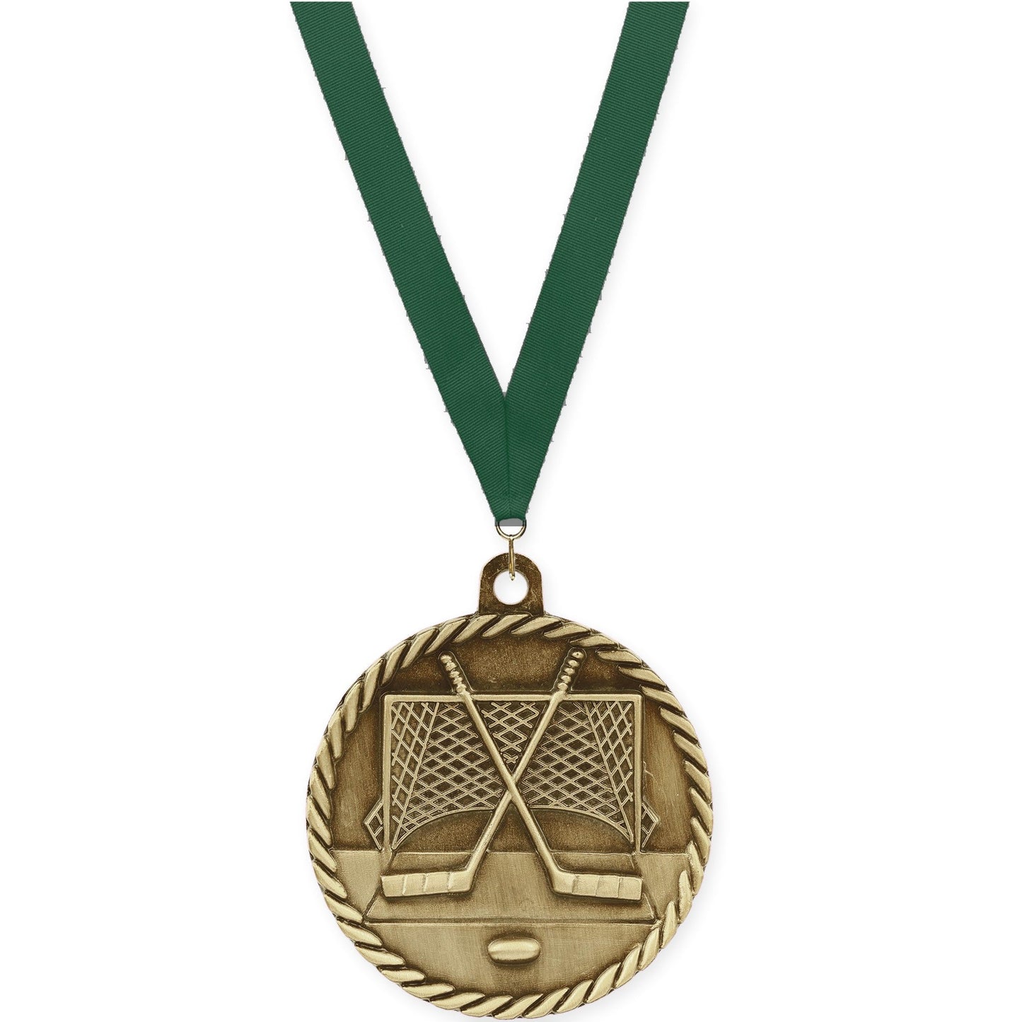 2 inch hockey High Relief medal in antique gold with Hunter Green neck ribbon