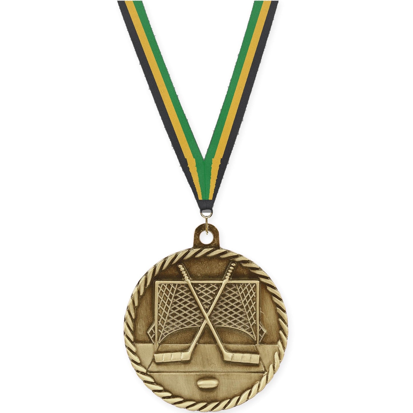 2 inch hockey High Relief medal in antique gold with Black Gold Green neck ribbon