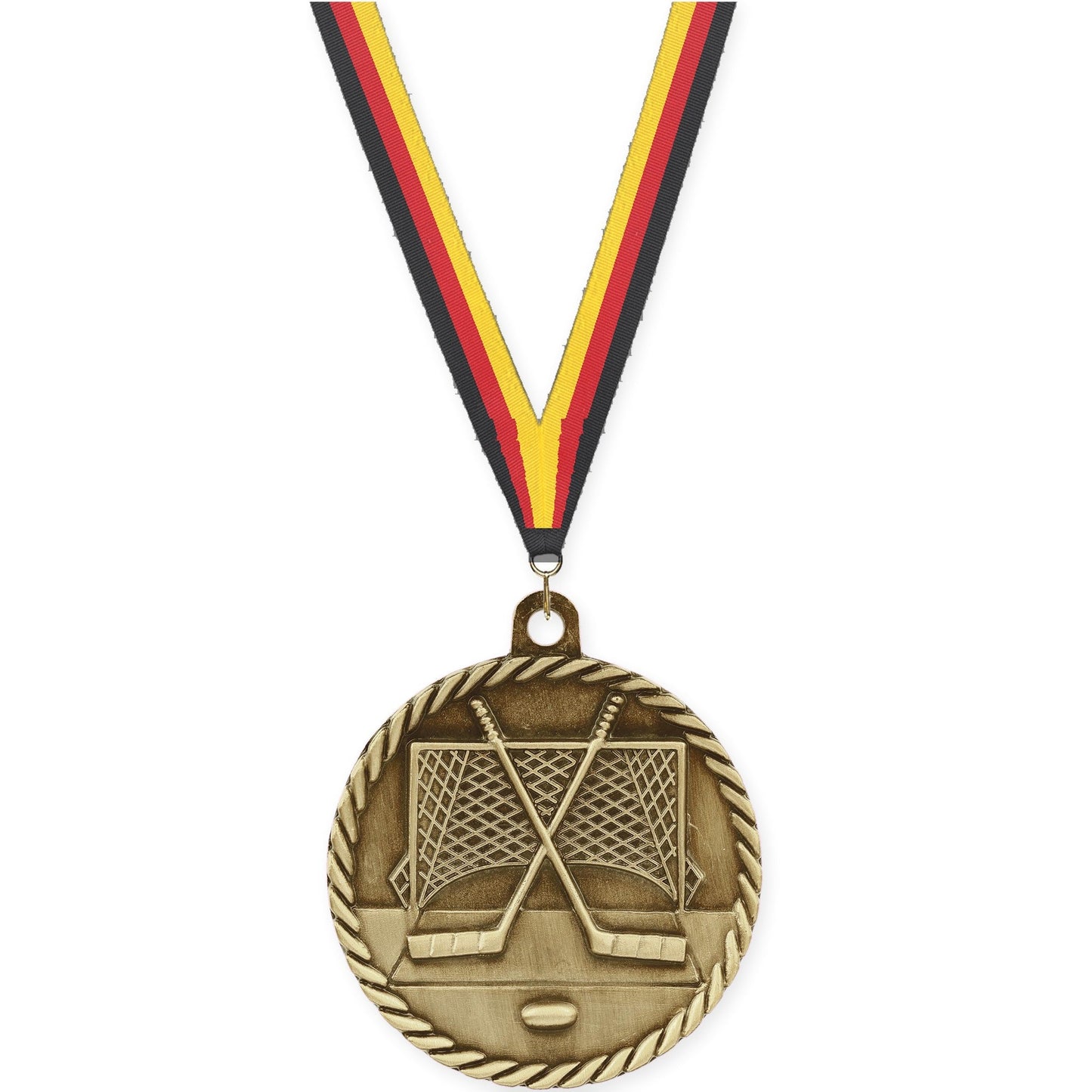 2 inch hockey High Relief medal in antique gold with Black Red Yellow neck ribbon