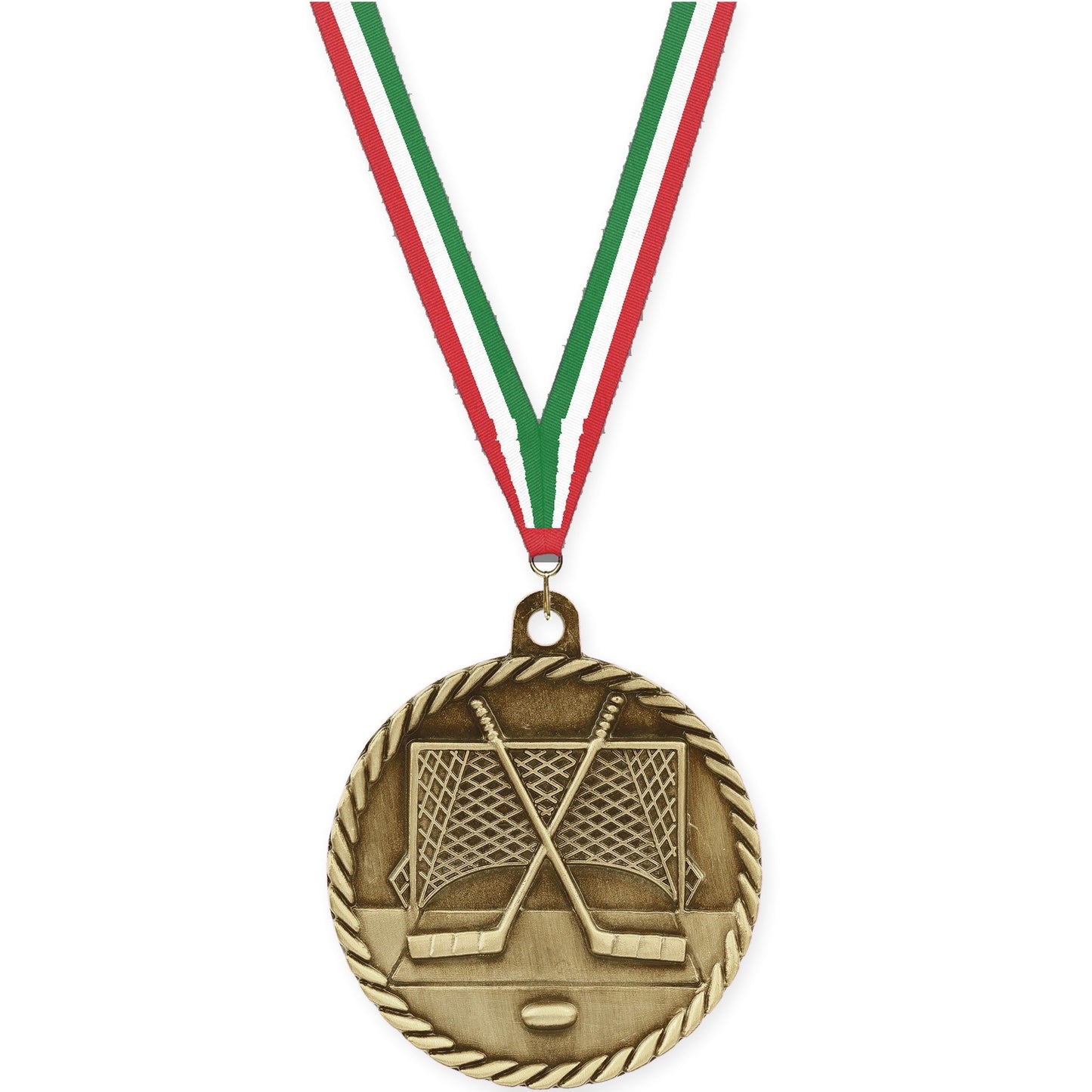 2 inch hockey High Relief medal in antique gold with Red White Green neck ribbon