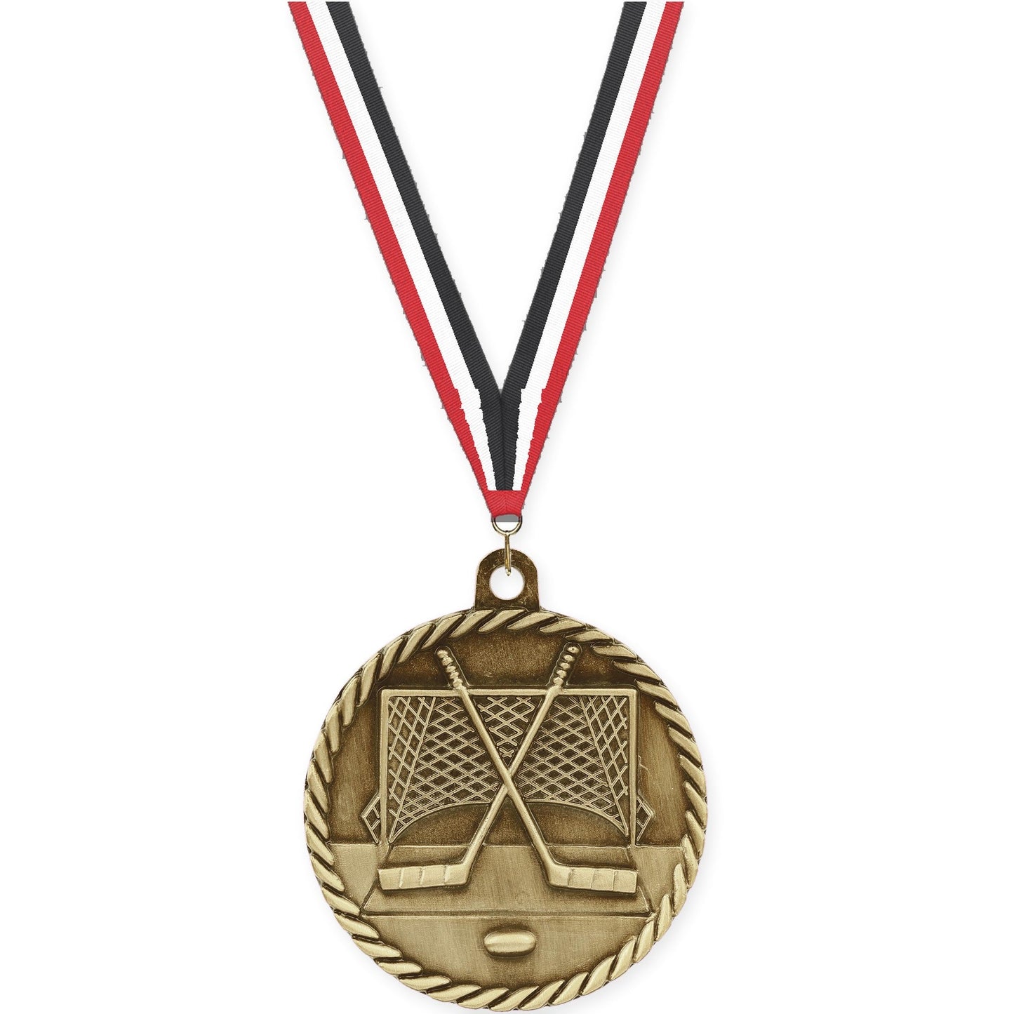 2 inch hockey High Relief medal in antique gold with Red White Black neck ribbon