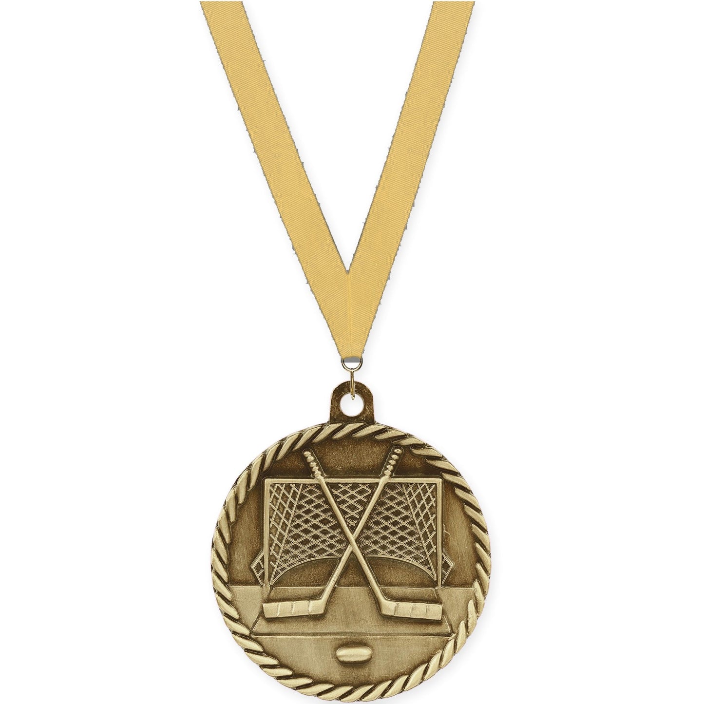 2 inch hockey High Relief medal in antique gold with Gold Metallic neck ribbon