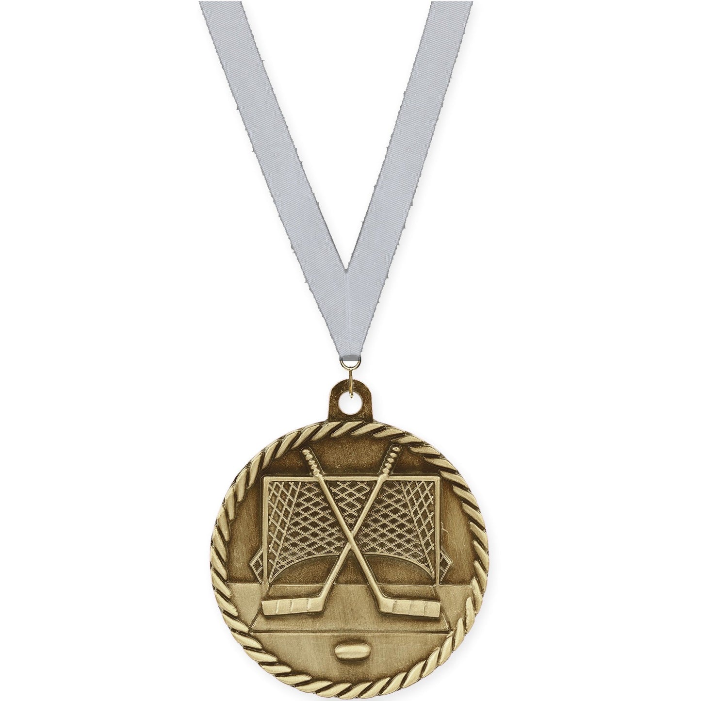 2 inch hockey High Relief medal in antique gold with Silver Metallic neck ribbon