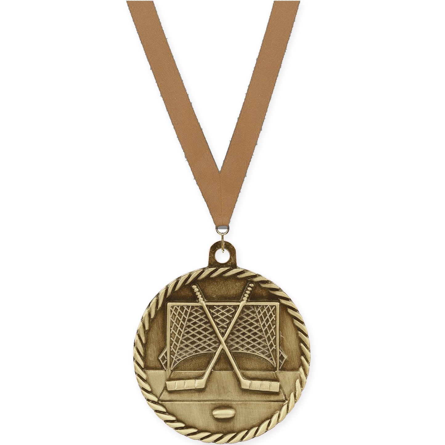 2 inch hockey High Relief medal in antique gold with Bronze Metallic neck ribbon