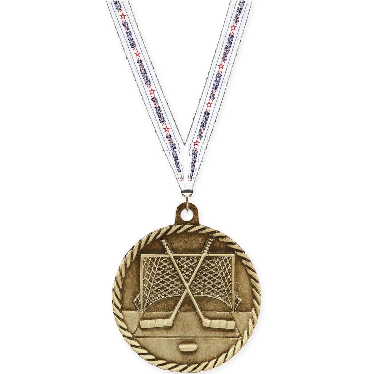 2 inch hockey High Relief medal in antique gold with 3rd Place neck ribbon