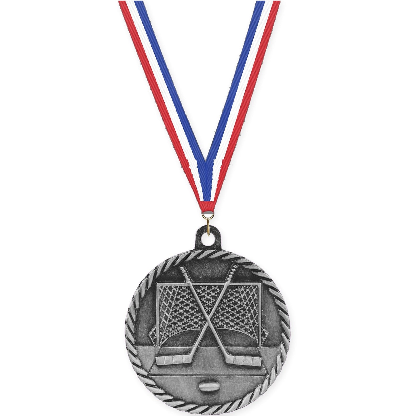 2 inch hockey High Relief medal in antique silver with Red White Blue neck ribbon