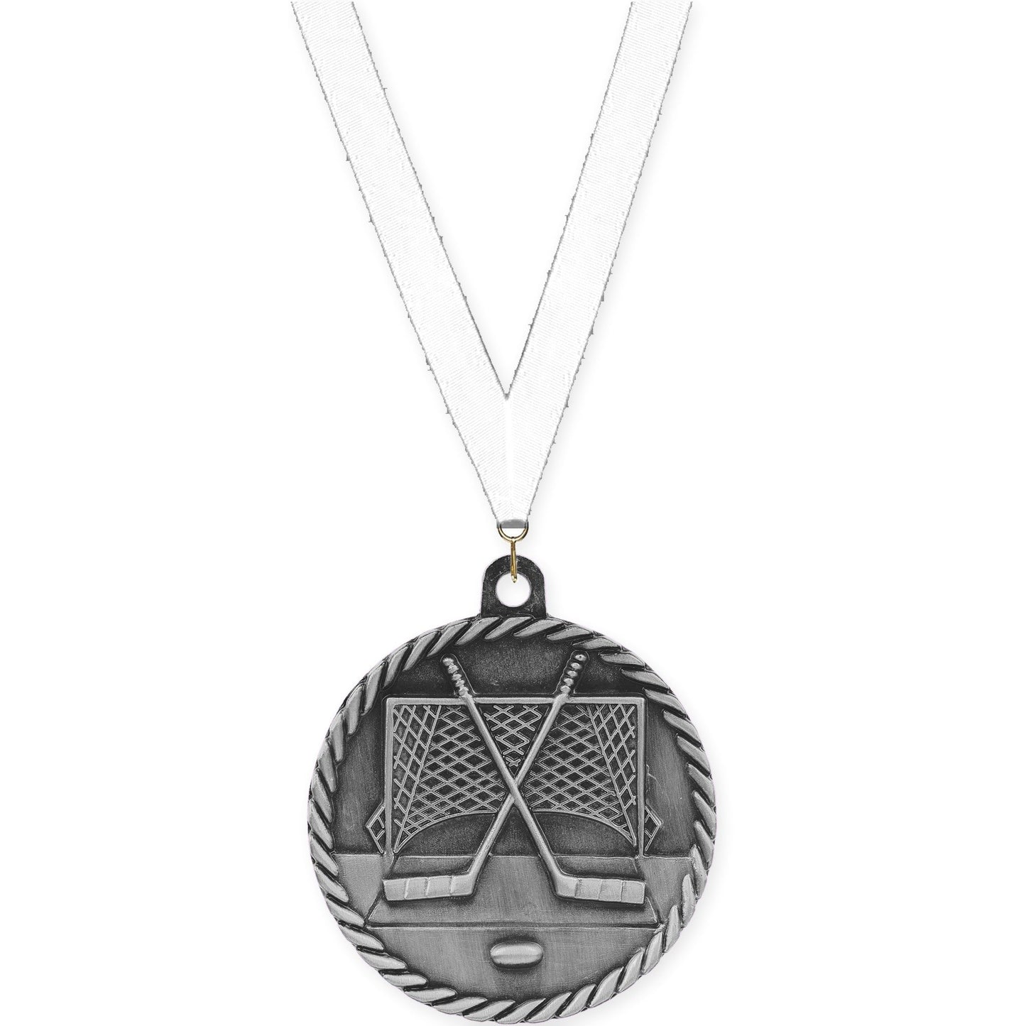 2 inch hockey High Relief medal in antique silver with White neck ribbon