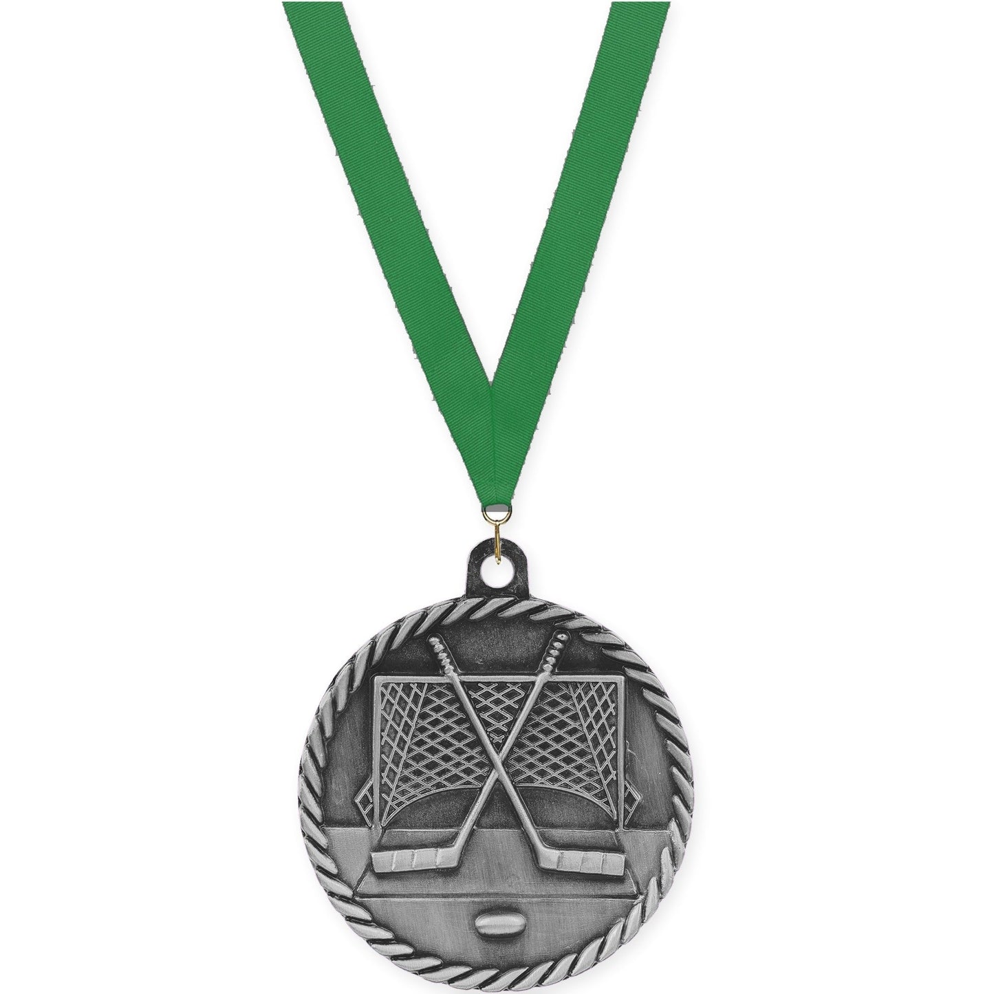 2 inch hockey High Relief medal in antique silver with Green neck ribbon